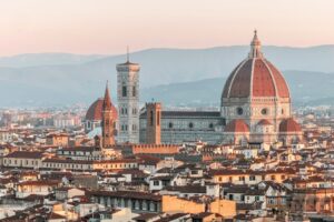 Florence cityscape with duomo cathedral at sunrise
